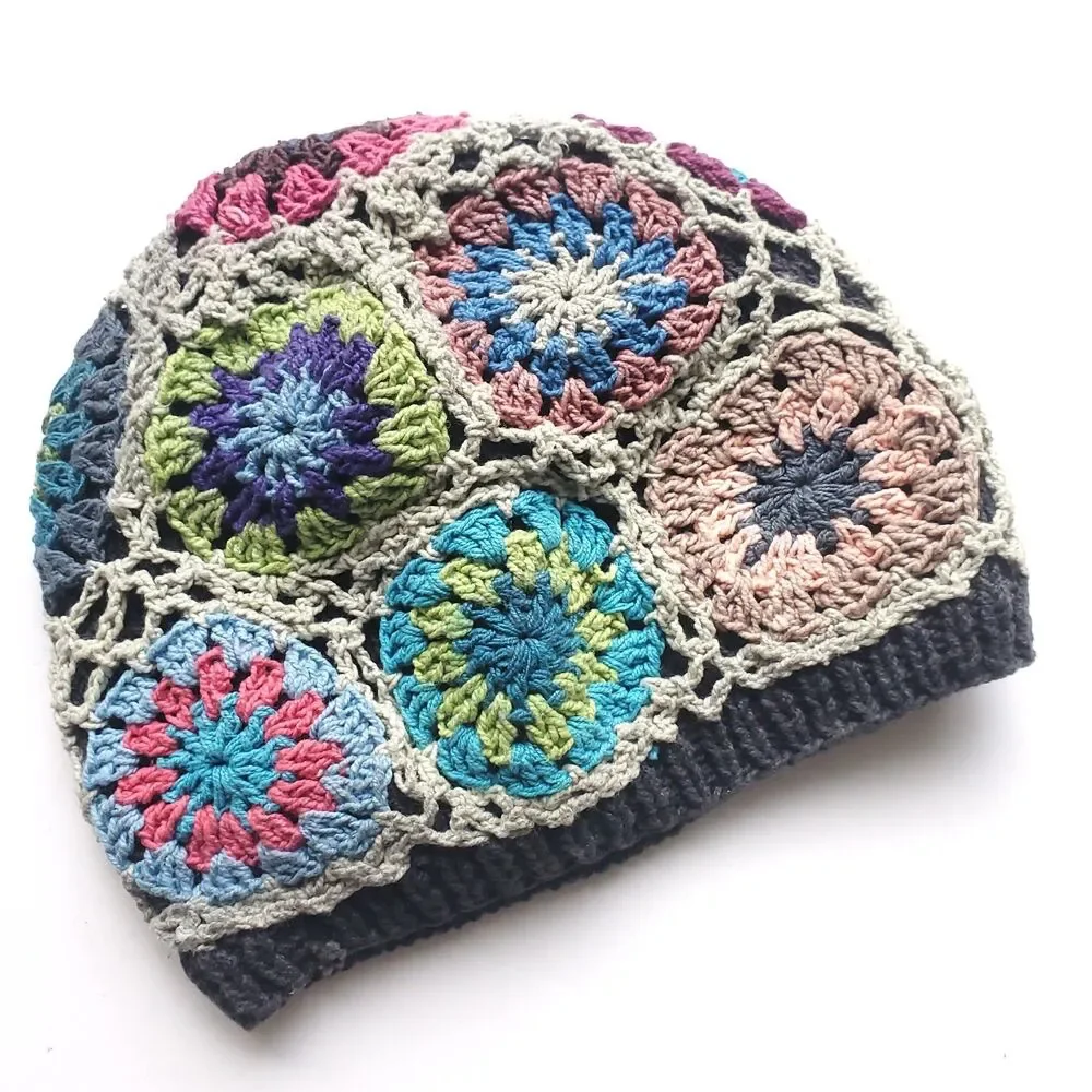 Crochet Baby Hat 3-6 Month Beanie Handmade Nepal Granny Circles Boho Cottagecore